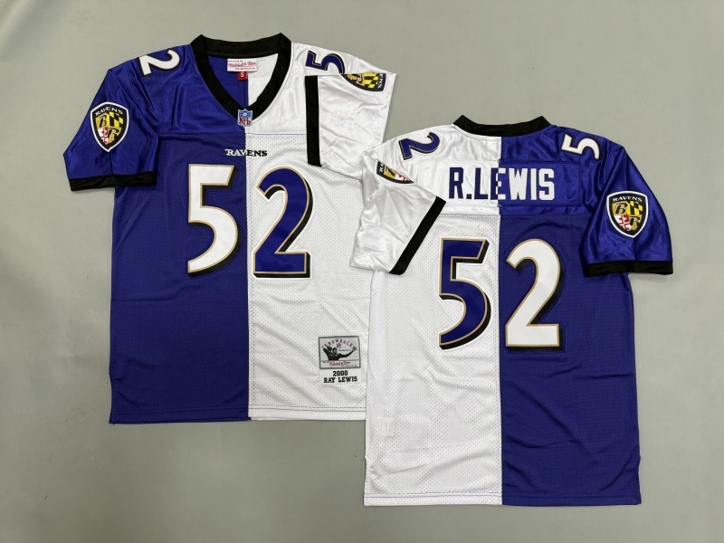 Men 2025 Baltimore Ravens #52 R.Lewis white purple Throwback Limited NFL Jersey style 001